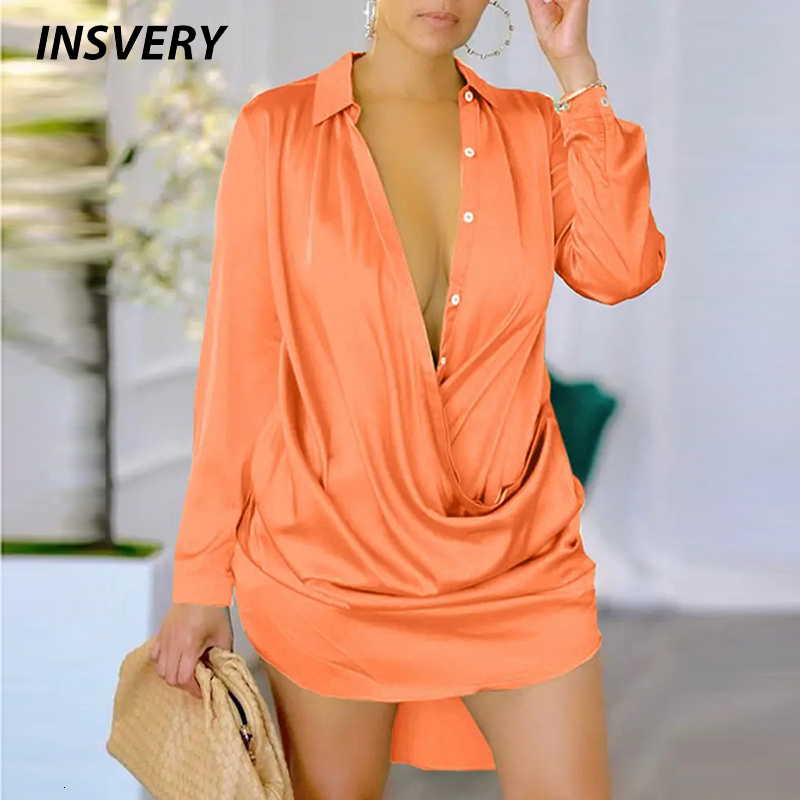 

Casual Dresses Fashion Women Satin Mini Dress Boho Vintage V Neck Button Shirt Dresses For Women Casual Office Dress 230316, Orange