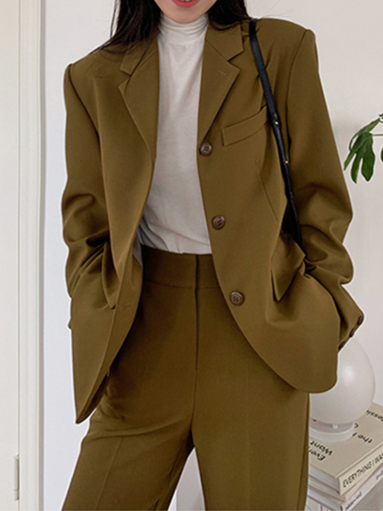 

Women's Suits Blazers Fashion Two Pieces Women Business Trousers Suits Long Sleeve Breasted Solid Blazer Pants Sets Office Vintage Clothes Autumn 230316, Beige