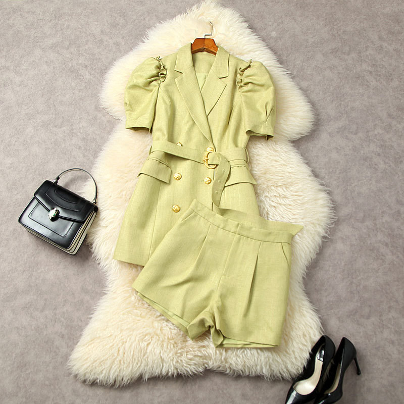 

2023 Summer Pink Solid Color Two Piece Tracksuits Sets Short Sleeve Notched-Lapel Belted Blazers Green Top & Short Shorts Suits Set L3M122285, Greenyellow