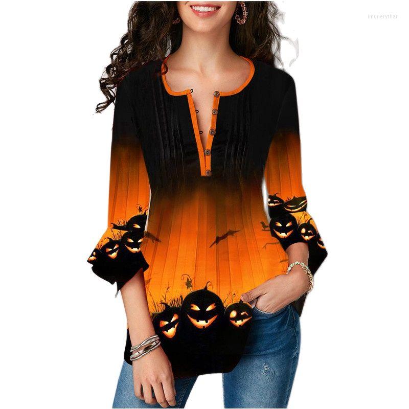 

Women' T Shirts Trendy Three-Quarter Sleeves Irregular Halloween Print Button Pleated Top Women Fashion Casual V-Neck Splice Pullover, 9071 blue