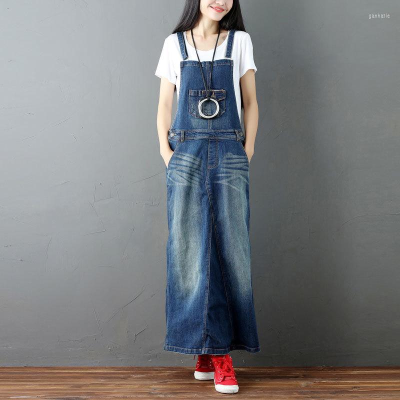 

Casual Dresses #0313 Summer Spaghetti Strap Denim Dress Women Loose Vintage Jeans Ladies Overalls Suspender Sleeveless, Blue