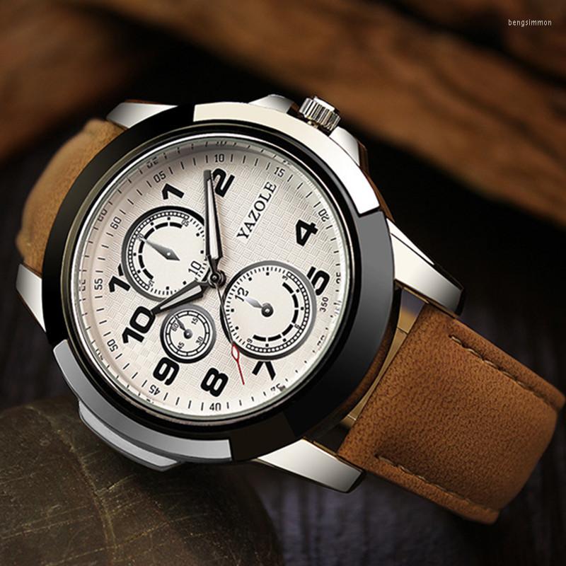 

Wristwatches YAZOLE Fashion Top Brand Luminous Sport Watch Waterproof Military Men Watches Leather Strap Quartz Hour Relojes, Brown 1