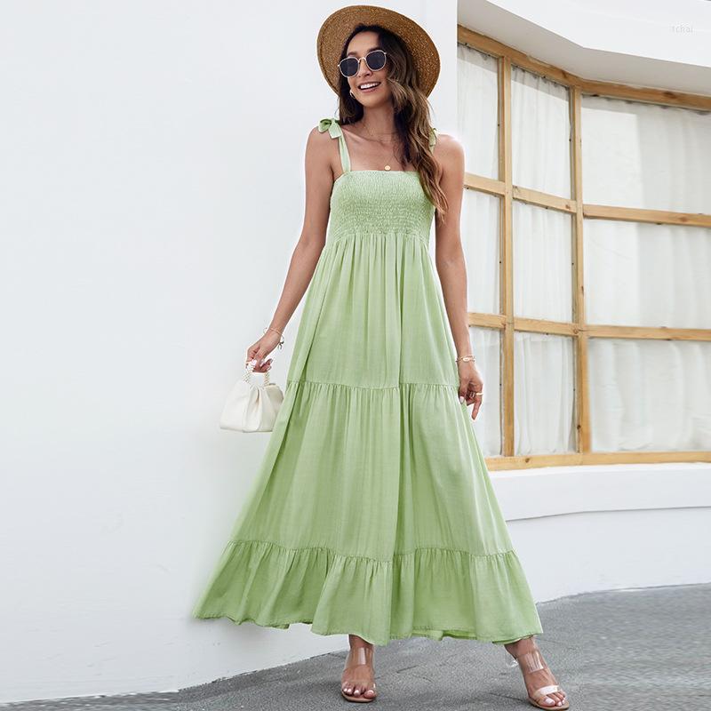 

Casual Dresses Summer Boho Green Spaghetti Strap Long Maxi Dress Women Pleated Ankle-Length Beach Female High Waist Loose, Black