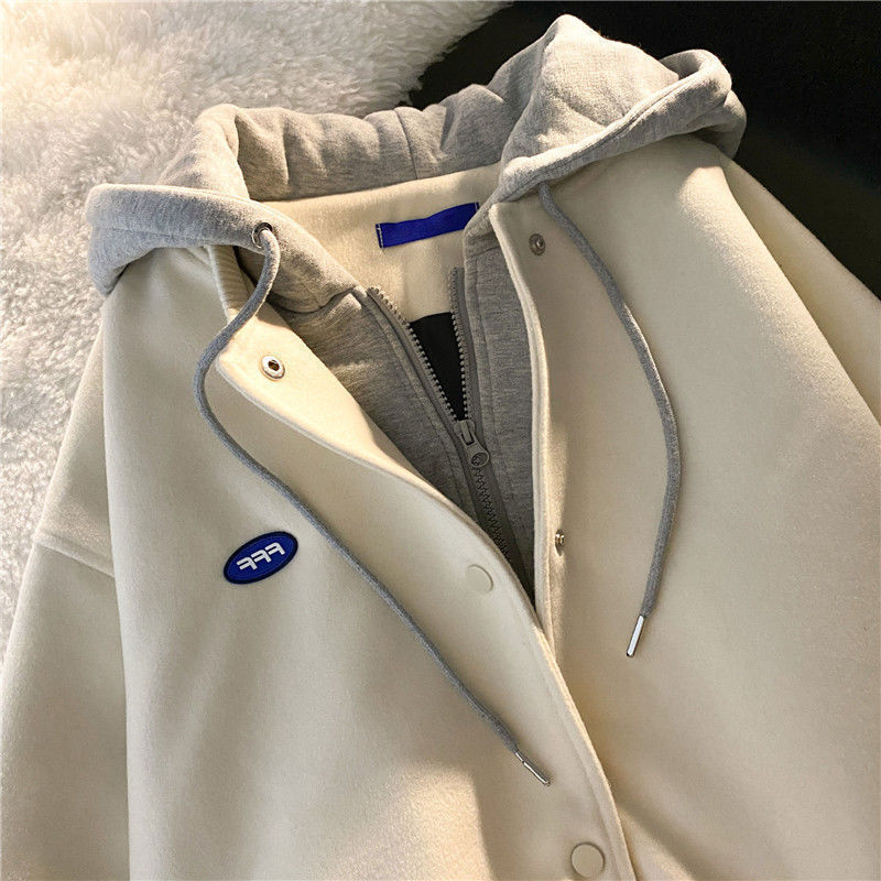 

Womens Hoodies Sweatshirts Hiphop Winter Lamb Wool Hooded Sweater Padded Jacket Couple Top Fashion Fake Twopiece Velvet Thick Coat 230316, Apricot plus velvet