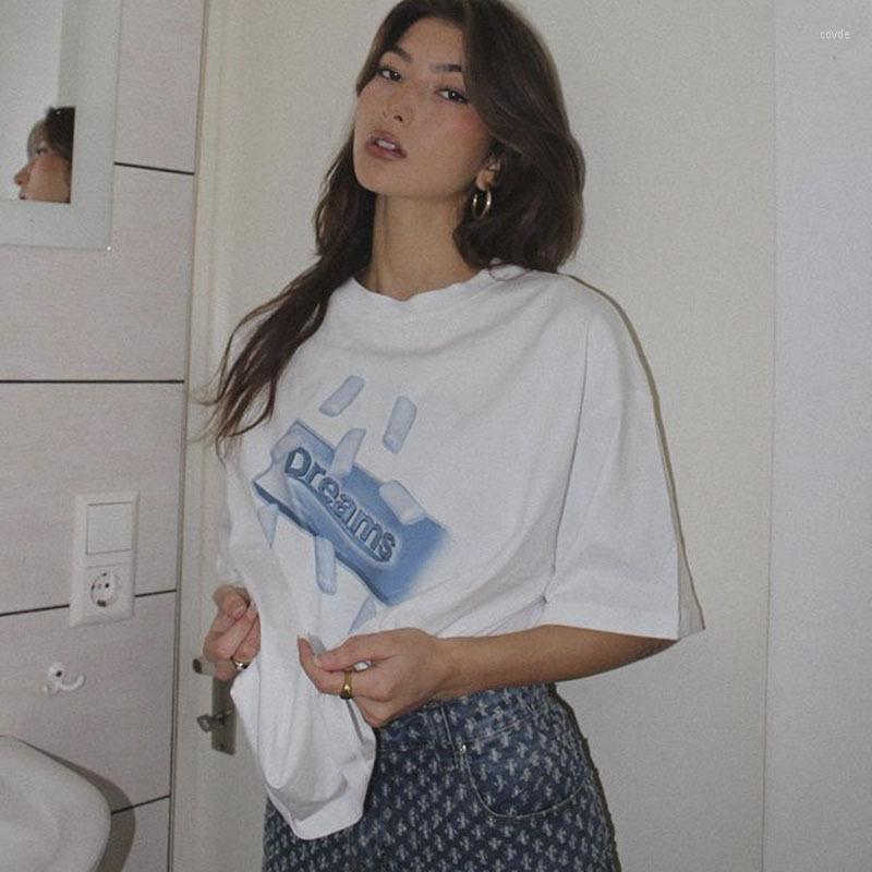 

Women' T Shirts Summer Vintage T-shirt Women Short Sleeve Tops Loose Letters Printing Tees Girls Streetwear Aesthetic Female Clothing, White