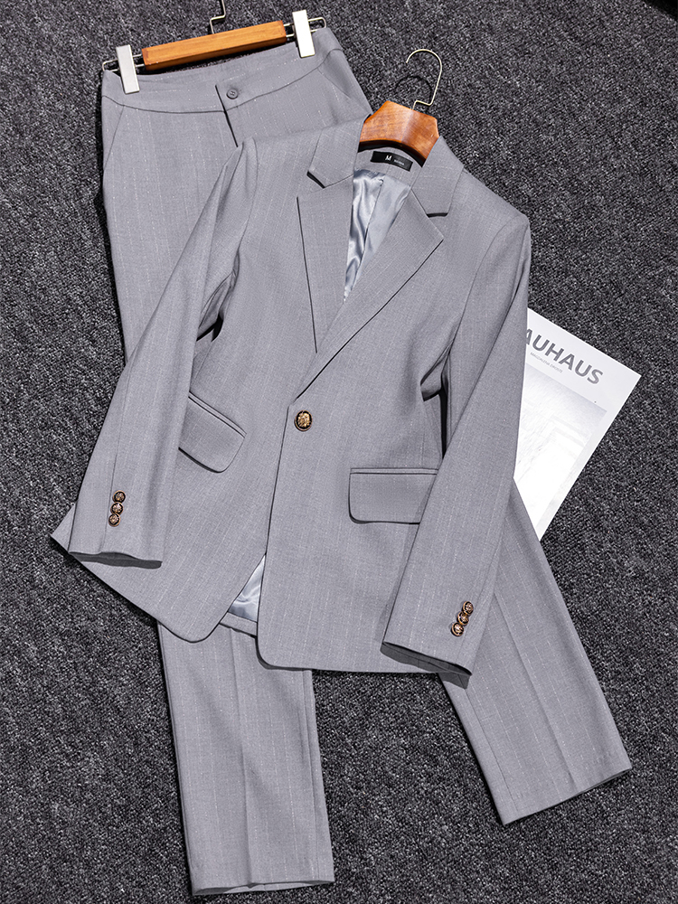 

Women's Suits Blazers High Quality Office Ladies Pant Suit Women Gray Navy Stripe Long Sleeve Formal Blazer And Trouser Business Work Wear 2 Piece Set 230316, Gray 2 piece set