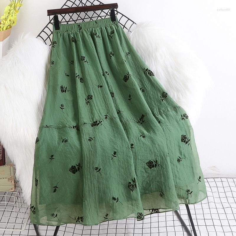

Skirts Casual Skirt Female 2023 Summer Vintage High Waist Slim Organza Flocking Print A-line Splice Half Length, Black
