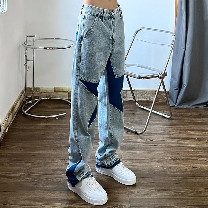 

Men's Jeans Jeans High Street Washed Old Jeans Men American Fashion Brand Five Points Star Stitching Loose Straight Couple Hip Hop Pants 230316, Blue