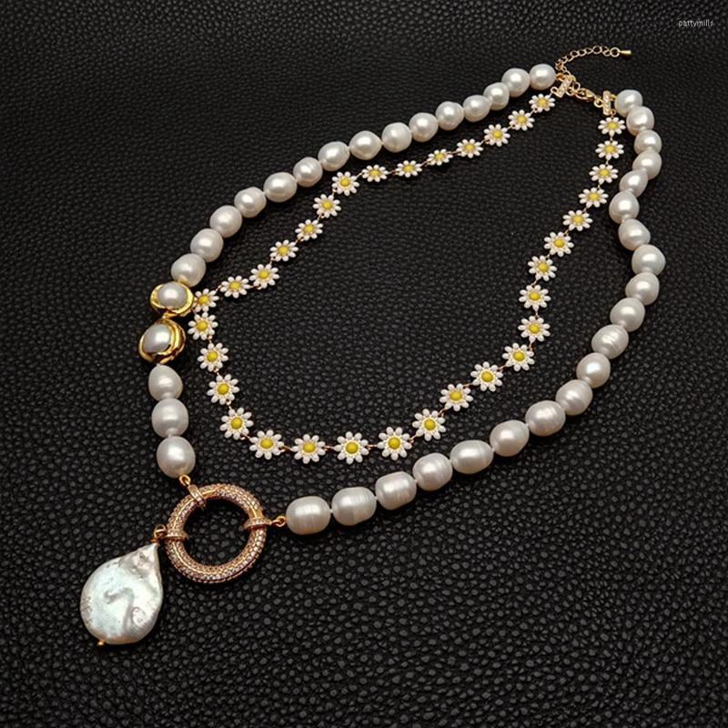 

Chains KKGEM 2 Strands White Enamel Flower Chain Natural Baroque Freshwter Pearl Necklace Coin Pendant