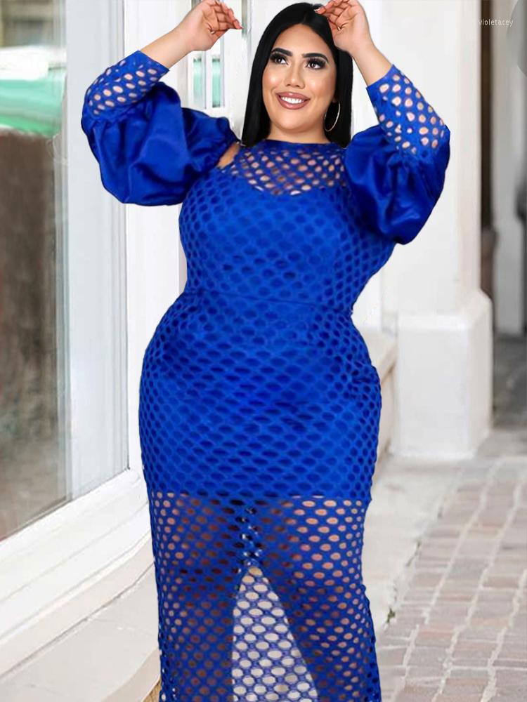 

Plus Size Dresses Blue Patchwork O Neck Hollow Out Long Lantern Sleeve High Waist Women Cocktail Event Party Outfits