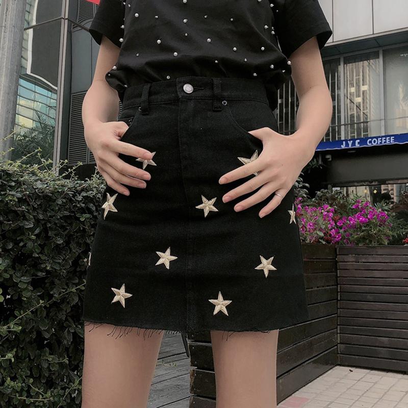

Skirts 1.5 2023 Spring Summer Fashion Tide Tassels Star Embroidery Denim Skirt High Waist A-line, Black