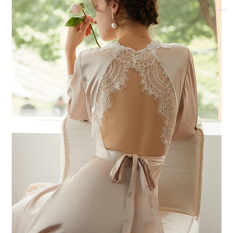 

Women' Sleepwear Elegant Long Wedding Robe Nightgown Spring Summer Women Thin Satin Kimono Bathrobe Gown Sexy Backless Lace Home Dress, White