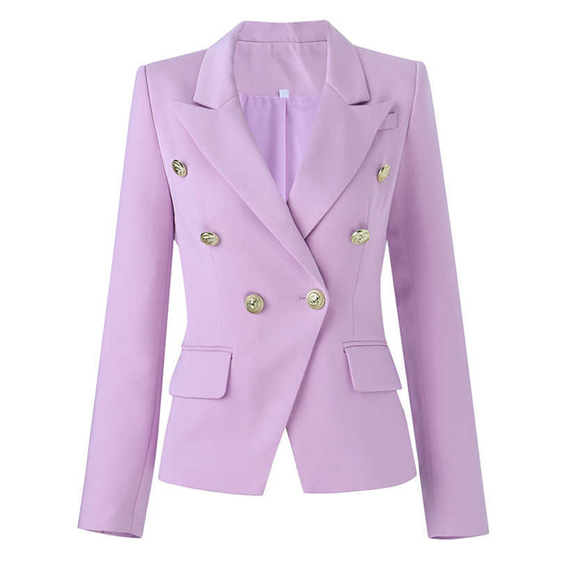 

Autumn designer women suit temperament commuting double-breasted coat suit collar purple solid color suit gold lion head button coat, Lilac colour