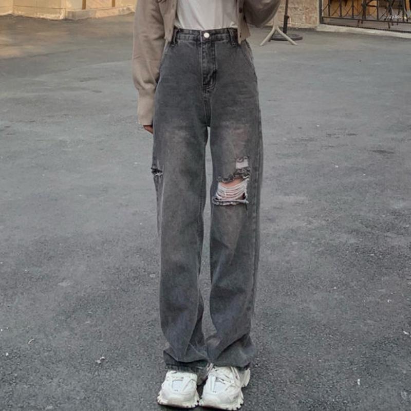 

Women' Jeans JMPRS BF Women Fashion Ripped Autumn High Waist Streetwear Denim Pants Loose Grey Hole Female Distressed 2023, Gray