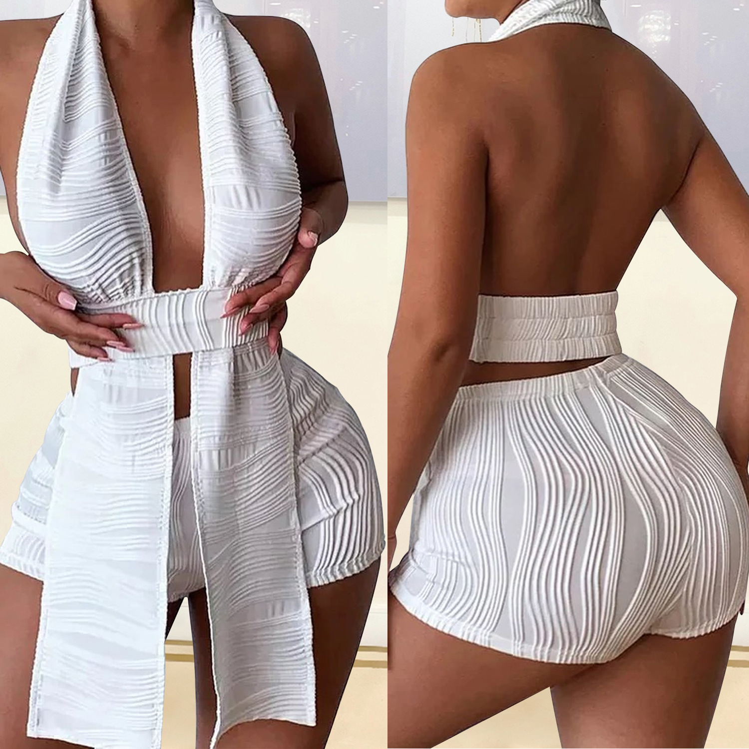 

Womens Two Piece Pants Echoine Design Halter Irregular Sleeveless Tank Top Texture Fold Backless Outfits Shorts Two Piece Set Party Clubwear 230316, Ivory