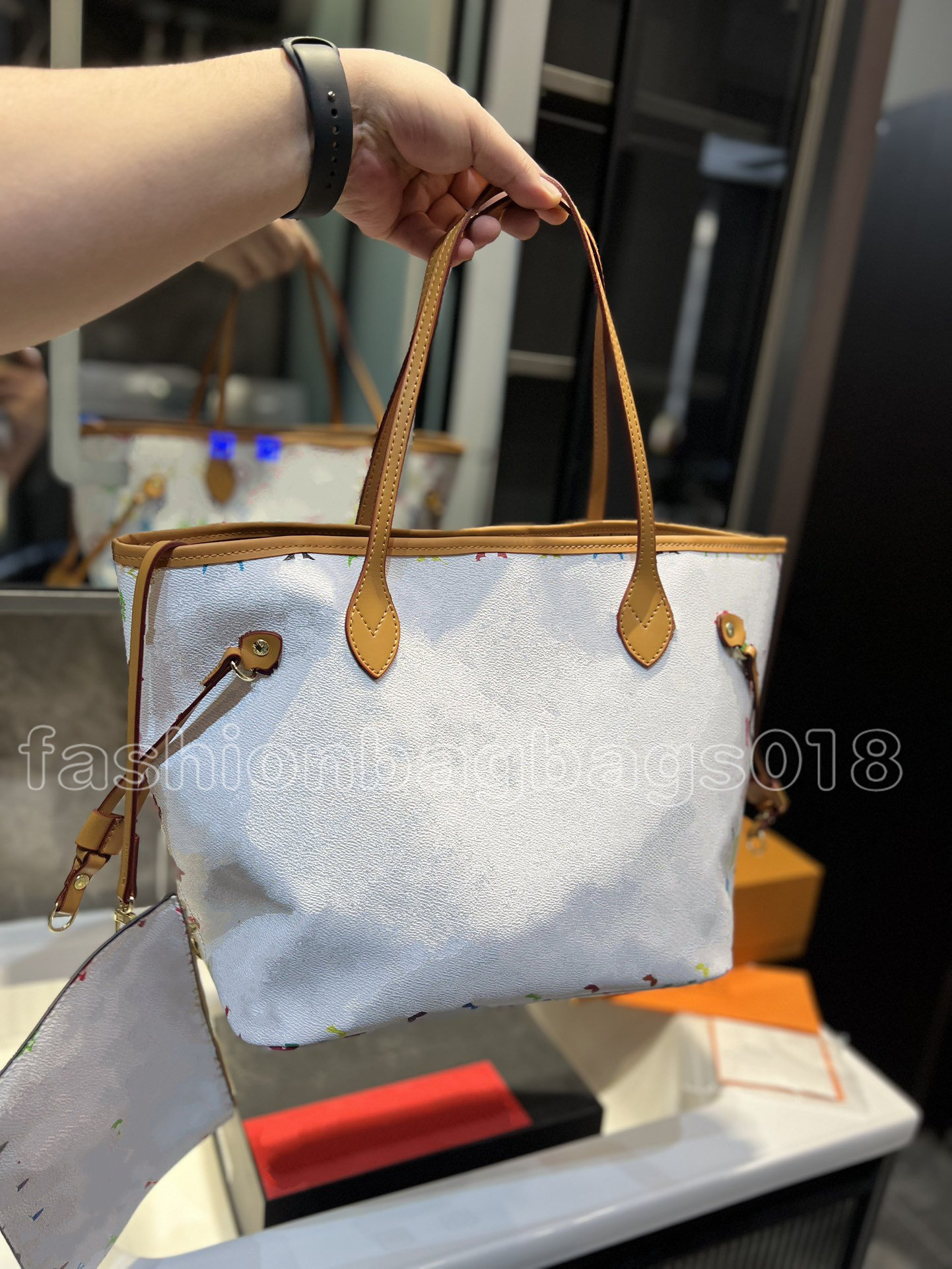 

Luxury MM Tote Bags Designer Leather Purses and Handbags for Women Fashion Shoulder Bag Monograms Floral Lady Top Handle Satchel Bag Removable Wallet Set 2pcs, White-print