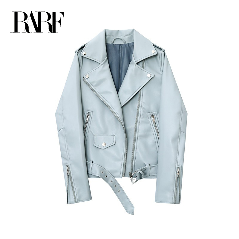 

Womens Jackets RARF Spring and Autumn The belt detachable epaulet motorcycle jacket leather jacket 230314, Light blue