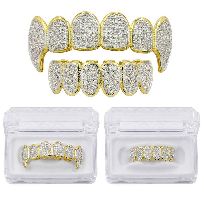 

Hip Hop Grillz Luxury Glaring Zircon Micro Pave Dental Grills Fashion charm Men Women 18K Gold Plated Teeth Brace 2-Piece Set Wholesale LP022