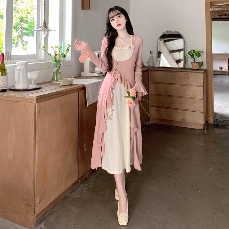 

Casual Dresses Chinese Antique Design Feeling Knitting Long-sleeved 2023 Autumn Hypocrisy In Two Bind Gentle Dress, Pink