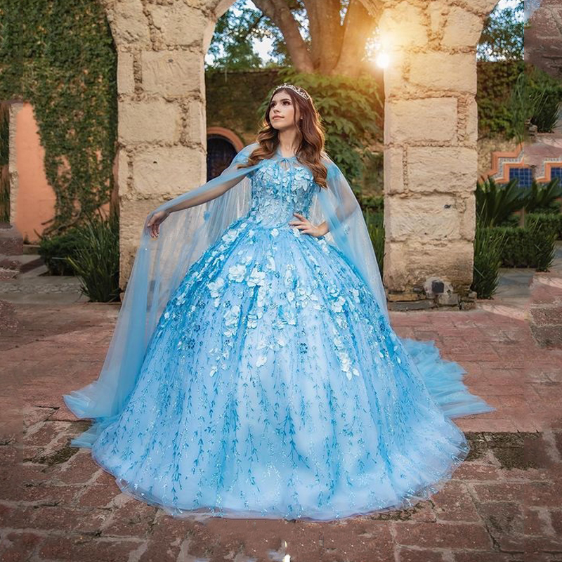 

Sky Blue Mexican Quinceanera Dresses Vestido De 15 Anos Charro with Cloak Lace Applqiued 3D Flower Corset Sweet 16 Dress, Red
