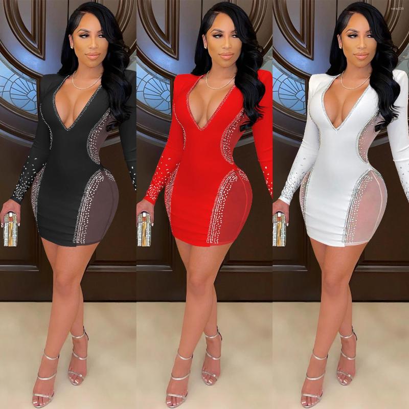 

Casual Dresses Zaggin 2023 Autumn Women Deep V-neck Full Sleeve Mini Dress Sexy Diamonds See-through Skinny Lady Solid 3-colors, X5337-red