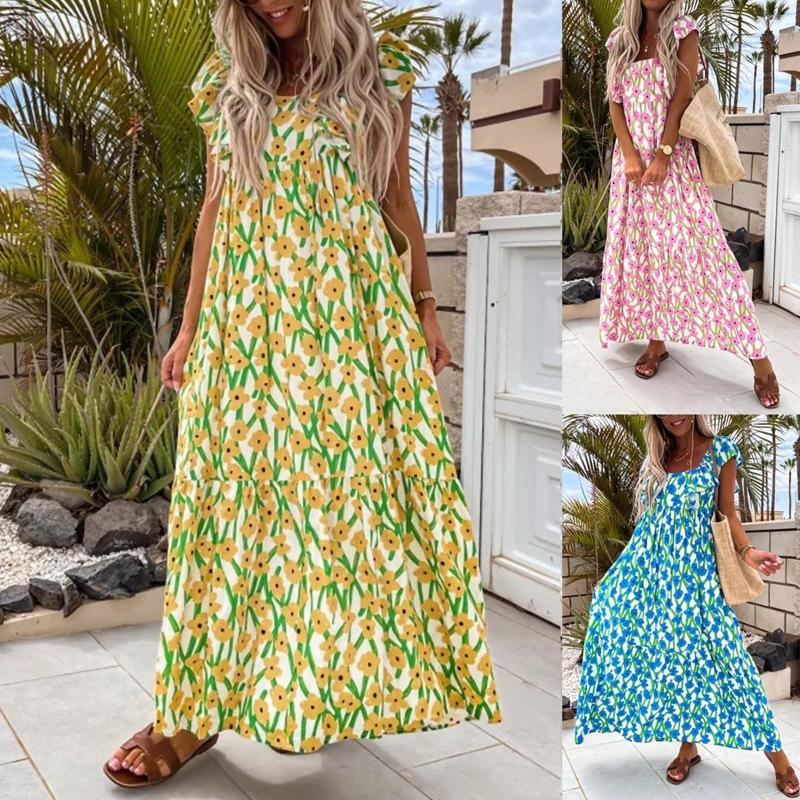 

Casual Dresses Maxi Bohemian Woman 2023 Summer Green Strappy Sundress Fashion Long Beach Chic Printed Boho Dress, Pink