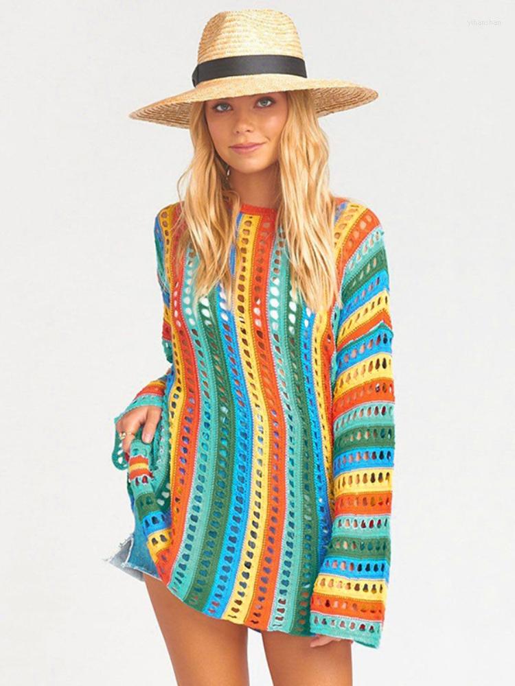 

Women's Swimwear Rainbow Striped Beach Tunic Knitted Crochet Top Summer Long Sleeve O Neck Fashion Bikini Cover Up Beachwear Swimsuit, Rainbow crochet top