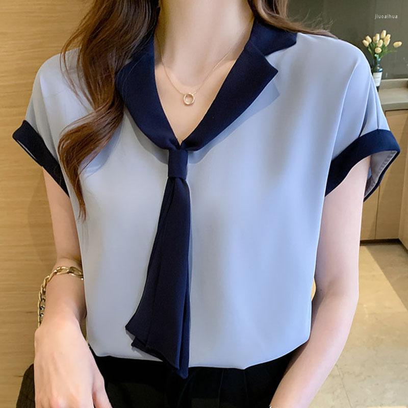 

Women' Blouses 2023 Fashion Women Tops And Solid V-neck Splicing Pullover Chiffon Shirt Short Sleeve Bow Clothing Femme Blusa 1714, Light blue