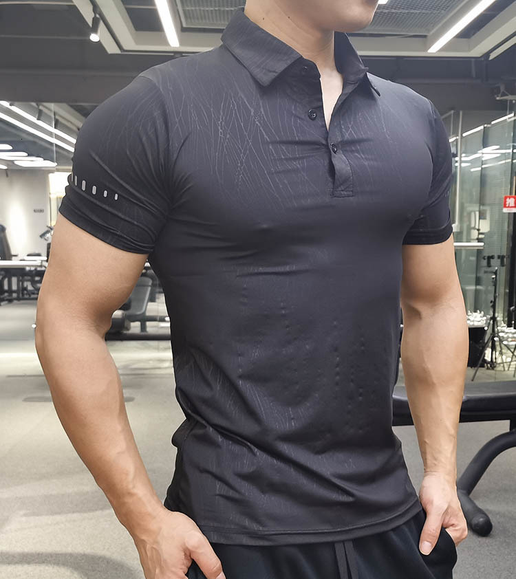 

Men's Polos Running Gym Men T Shirt Casual short Sleeve Slim compression Tees elastic T-shirt Sports Fitness Quick dry Polo grain T Shirt 230316, 979 white
