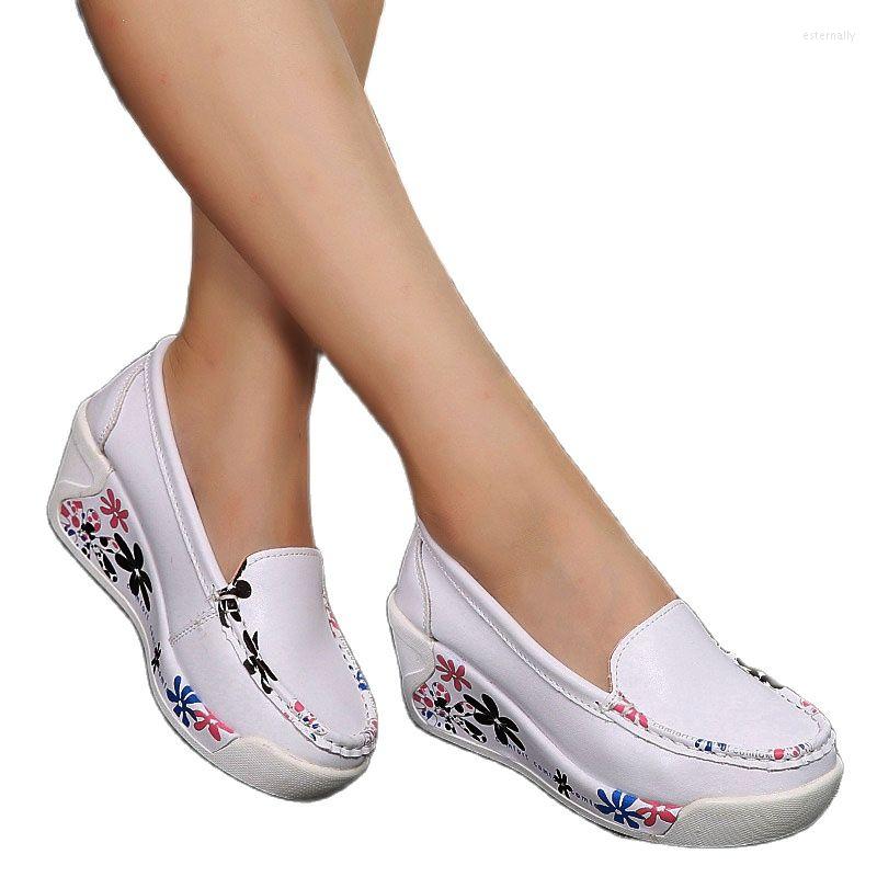 

Dress Shoes EAGSITY Cow Leather Print Women Casual Sneaker Loafer High Heel Round Toe Soft Comfortable, White