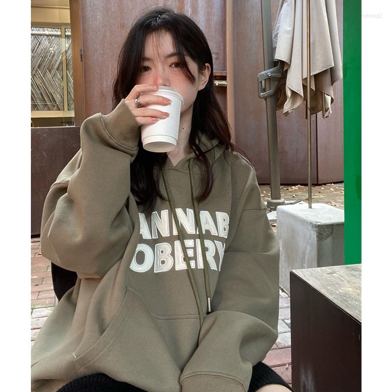 

Women's Hoodies Women Green Hooded Sweatshirt Letter Print Drawstring Design Fashion Hip Hop Vintage Leisure Thicken Winter Pullover Tops