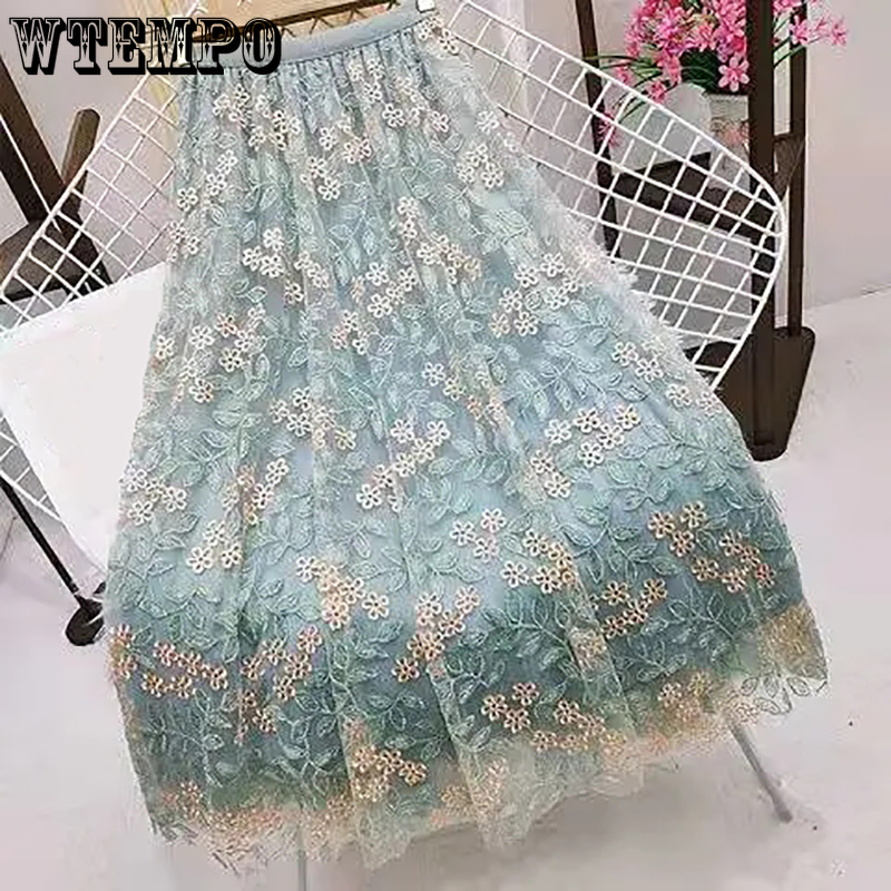 

Skirts WTEMPO Summer Embroidery Floral Mesh Long Skirt Women Elastic High Waist A Lien Tulle Green Skirts Korean Casual Tennis Skirt 230314, Light green