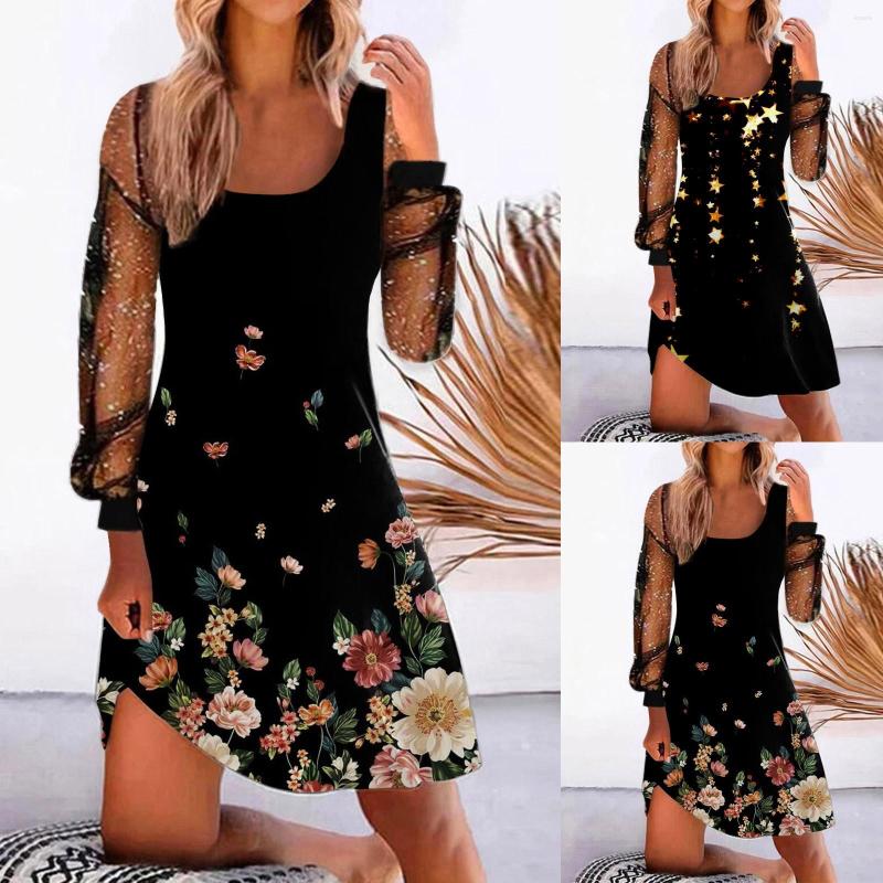 

Casual Dresses Women Dress Summer Sexy Printed Mesh Spring Long Sleeve Loose Tunic, Black