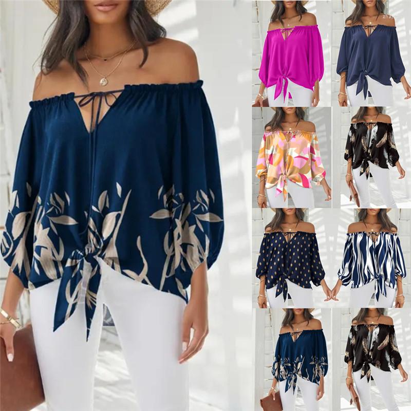 

Women' Blouses Fashion Printed Tops For Women Sexy Off Shoulder Casual Shirt Elegant Lace Up Bandage Woman Polka Dot Feather Leaf 2023, Navy blue
