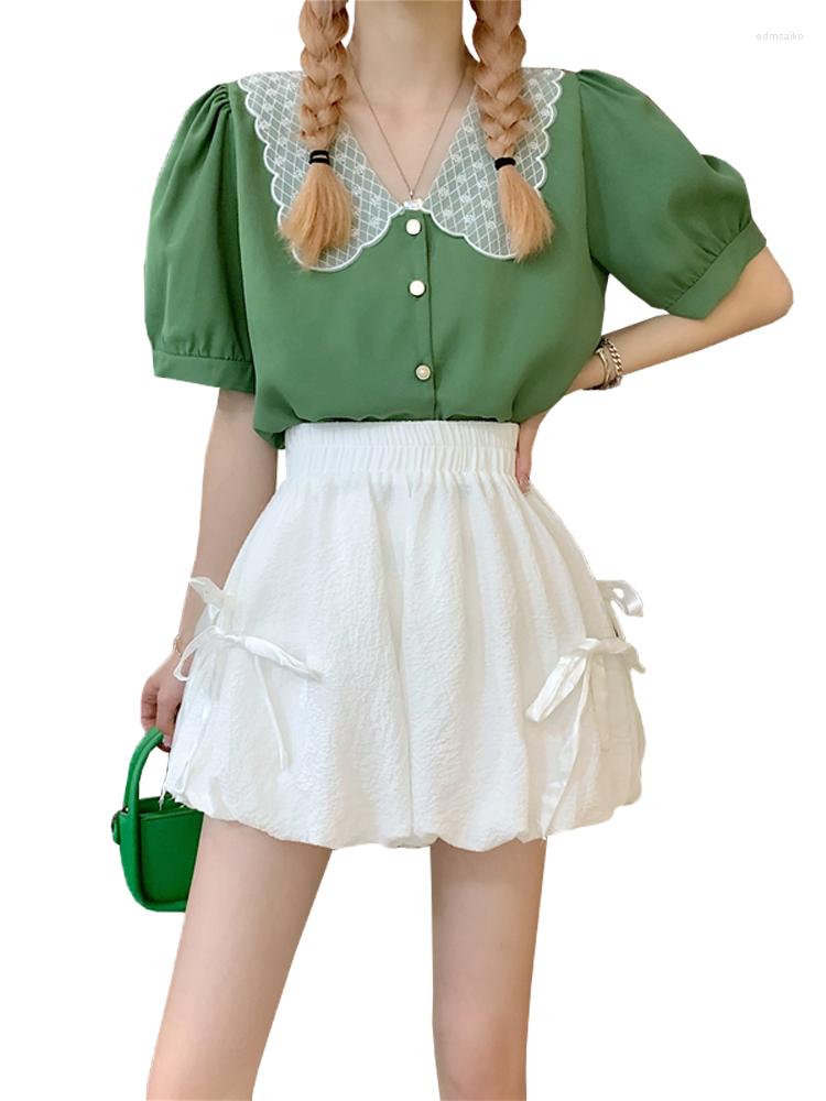 

Women's Shorts Japanese Kawaii Solid Wide Leg Pumpkin Summer Fashion Elastic Waist Loose Lantern Pants Cute Bowknot Soft Girls, Black