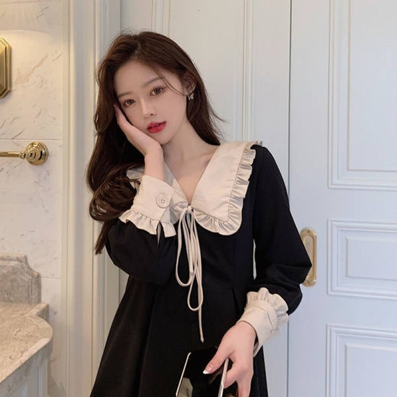 

Casual Dresses Black Sailor Collar Button Lace Stitching Casual Dress Women Shirt Long Sleeve Midi Dress Ladies High Waist Slim Elegant Dress 230316