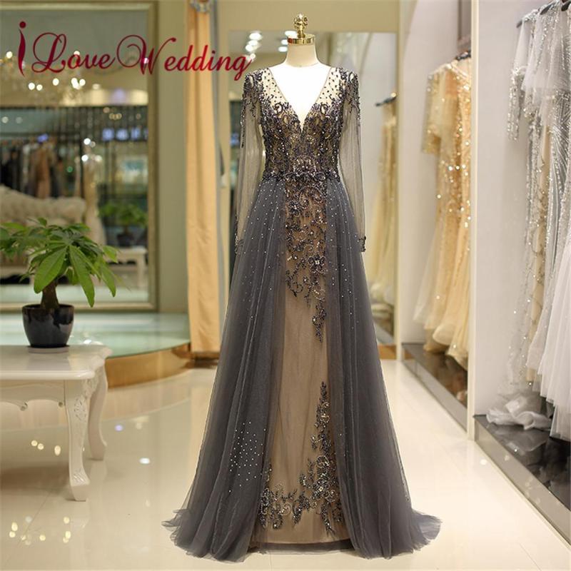 

Party Dresses Arrival Formal Evening Gown Sexy V Neck Long Sleeves Heavy Major Beaded Navy Grey Vestidos Largos, Gold