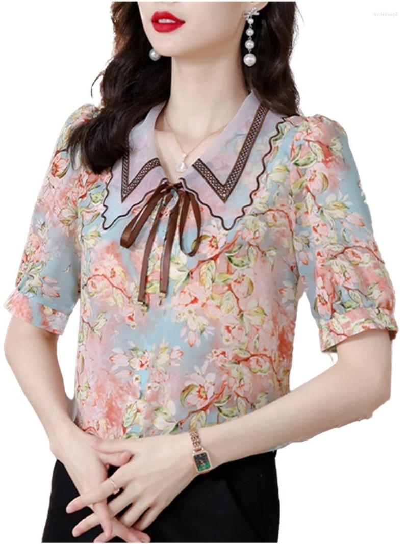 

Women's Blouses 4XL Women Spring Summer Shirts Lady Fashion Casual Short Sleeve Turn-down Collar Flower Printing Blusas Tops G2135, Blue