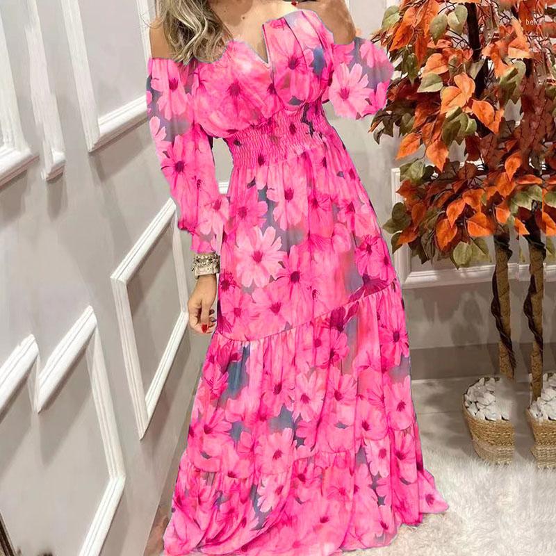 

Casual Dresses Feminine Sexy Off Shoulder Pleated Chiffon Dress 2023 Fashion Hollow Out Slim Party Vintage Floral Print Waist Maxi, 20 pink(short)