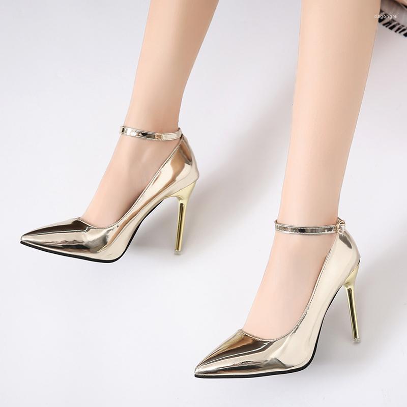

Dress Shoes Sexy Buckle Strap Pu Women's Pumps Gold Pointed Toe High Heels Temperament Single Elegant Lady Party Thin