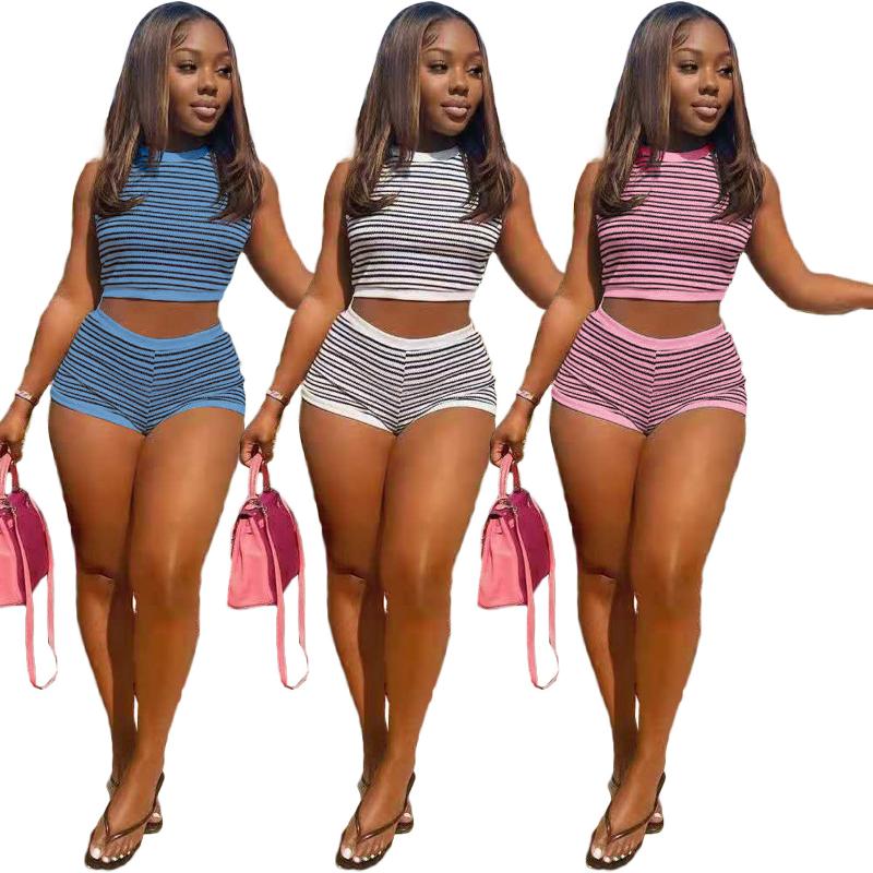 

Women' Tracksuits Summer Sportswear Knitted Rib Striped Tracksuit Women Casual Fitness Sleeveless Crop Top Biker Shorts Two Piece Set Outfi, Pink set