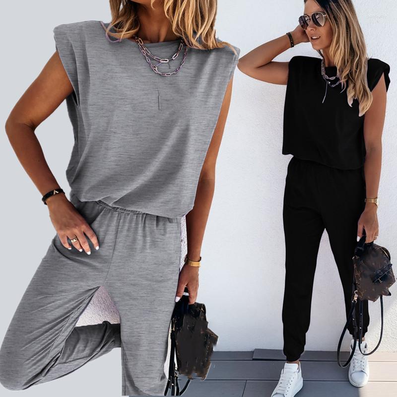

Women' Two Piece Pants 2023 Fashion Casual Sports Two-Piece Suit Of Shoulder Pad Short Sleeve Tops Elastic Waist Trouser Black Pant Lady, Ze-2228-drak gray