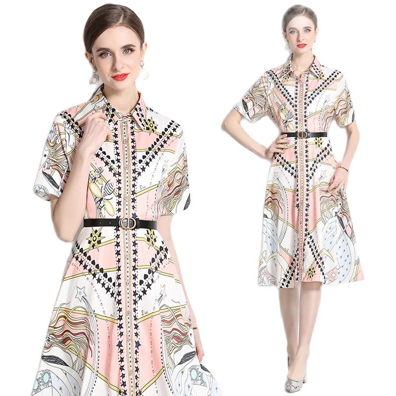 

Women Fashion Printed Belt Shirt Dress Short Sleeve 2023 Summer Single Button Cardigan Midi Dresses Designer Runway Elegant Ladies Casual Office Clothes Spring, Khaki