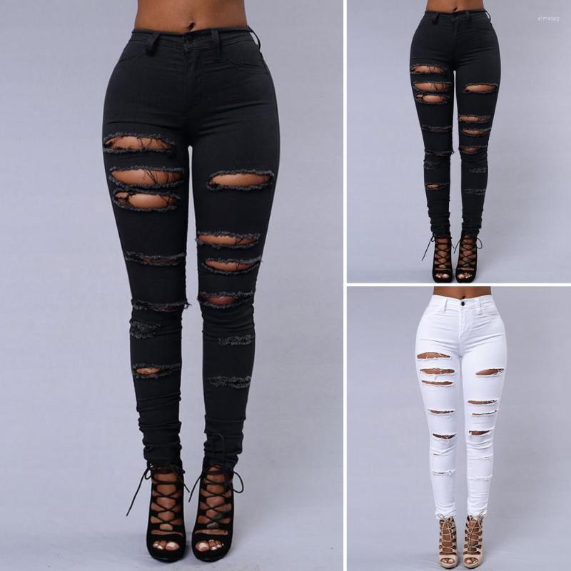 

Women's Jeans Cool Denim Pants Comfortable Pencil Buttons Lady Ripped Hole Hip Lifting, White