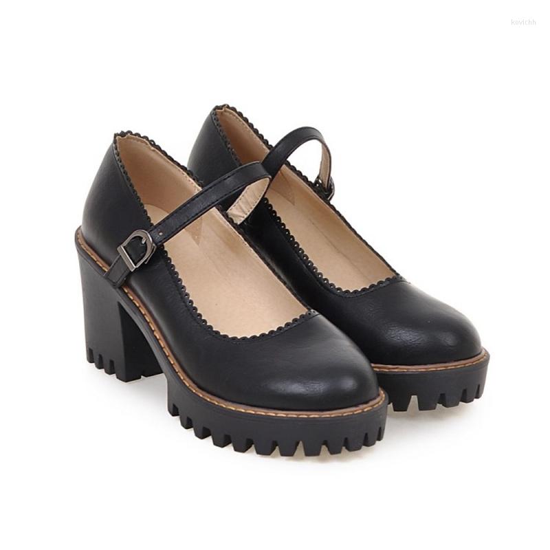 

Dress Shoes ASILETO Women Mid Chunky Heels Buckle Pumps Vintage Ladies Plus Size 42 43 Retro Spring Autumn Student F1302, Black