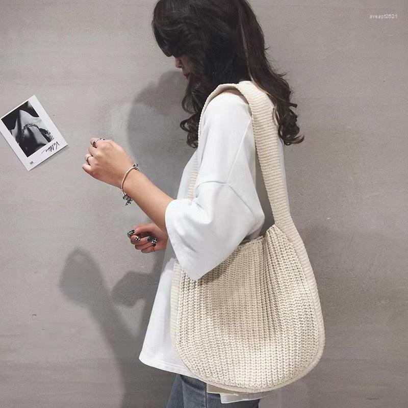 

Evening Bags 5 Colors Women Knit Shoulder Bag Large Capacity Button Closure Solid Color Handbag For Casual Daily, Beige