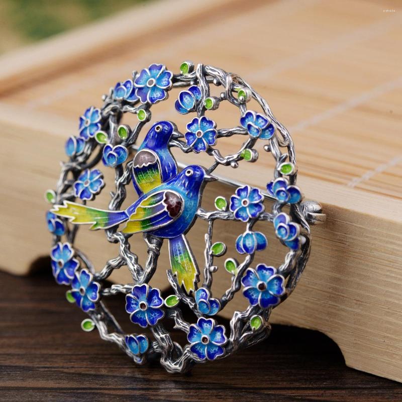 

Brooches Thai Silver Magpie Blossom Brooch Pendant Handmade Enamel Flower Bird Chinese Style Pins Luxury Jewelry SBH0001