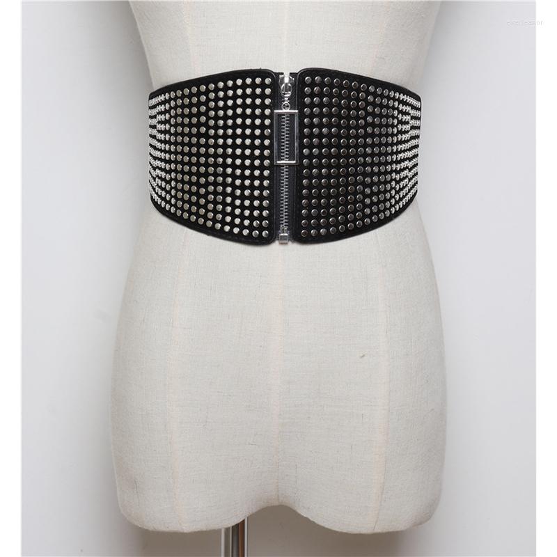 

Belts HATCYGGO Elastic Women Rivet Cummerbund Plus Size Corset Belt Wide Stretch Ladies Gothic Zipper Waist For Dress, Black