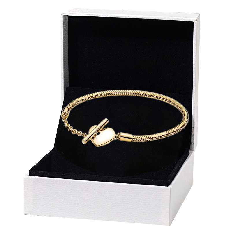 

Gold plated Heart T-Bar Snake Chain Bracelet for Pandora Real Silver Wedding designer Jewelry For Women Girlfriend Gift Hand chain Love Bracelets with Original Box