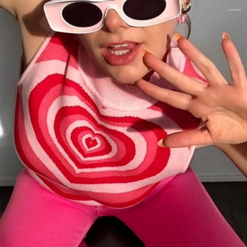 

Women' Tanks Harajuku Summer Sexy Women Crop Top Vintage Knit Sleeveless Patchwork Basic Heart Tops Casual Y2k Aesthetics Pink Brown, Green